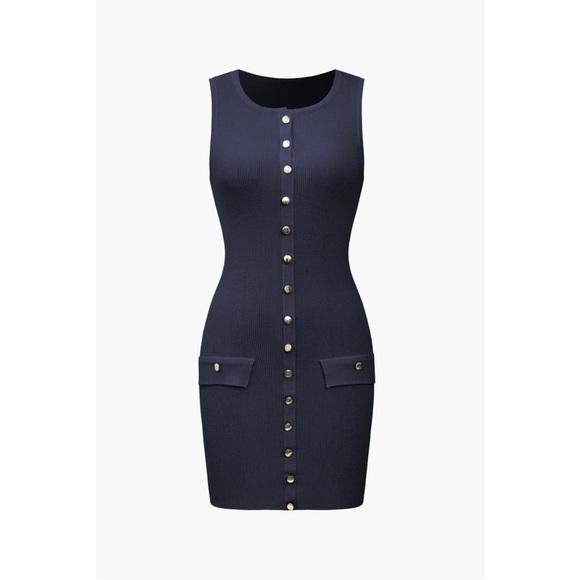 Button Front Sleeveless Ribbed Knit Mini Dress - Picture 1 of 7